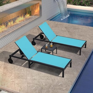 Aluminum Outdoor Chaise Lounge Chairs Set with Wheels and Table for Beach Patio Reclining Sunbathing Lounger, Blue