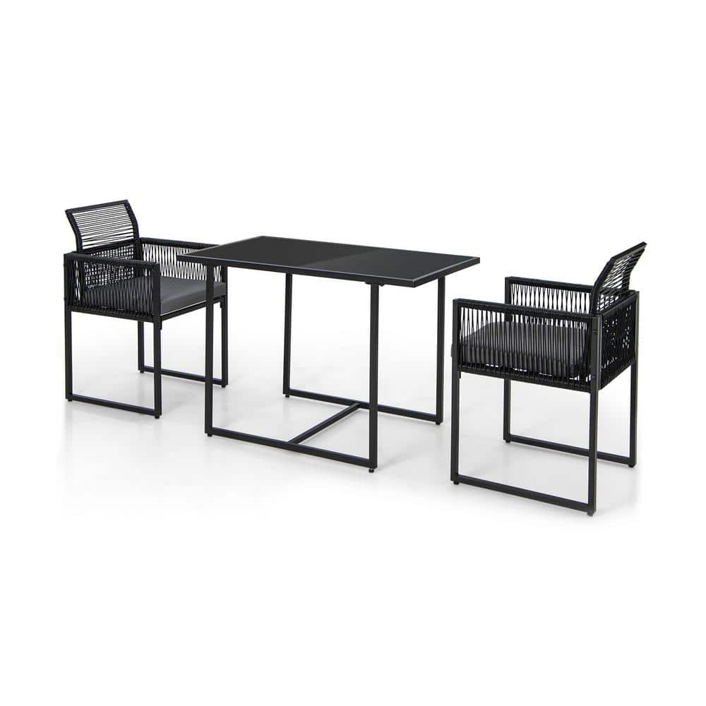 Black PE Rattan 3-Piece Outdoor Dining Set with Grey Cushions