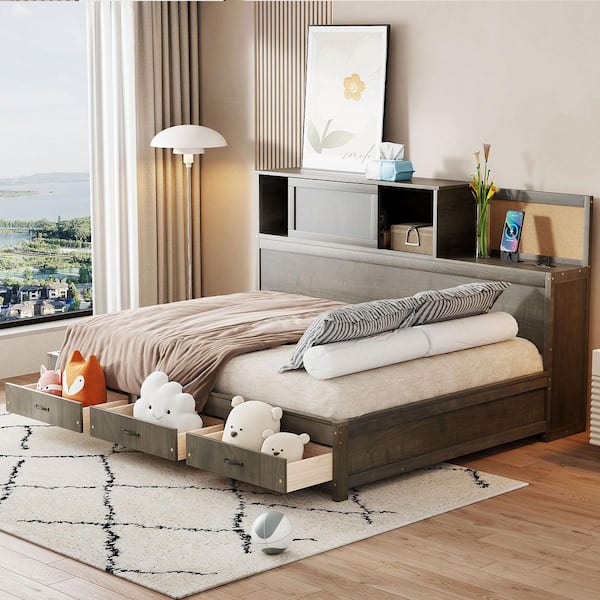 Harper & Bright Designs Gray Wood Full Size Daybed with Storage Shelves, 3-Drawers, Cork Board, USB Ports, Slide-Door Compartment