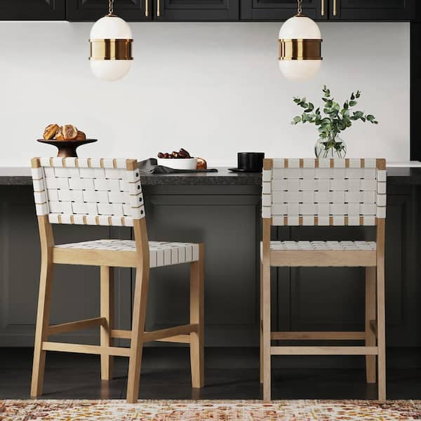 Cohen 24 in. Off White Upholstered Back Solid Wood Frame Counter Stool with Woven Faux Leather Seat (Set of 2)