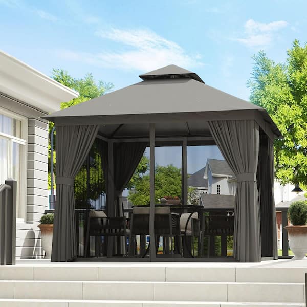 8 ft. x 8 ft. Gray Steel Outdoor Soft Double Roof Gazebo with Curtains and Netting