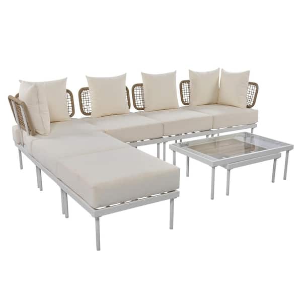 Sudzendf 8-Piece Outdoor Sectional Sofa Patio Conversation Set with Beige Cushions