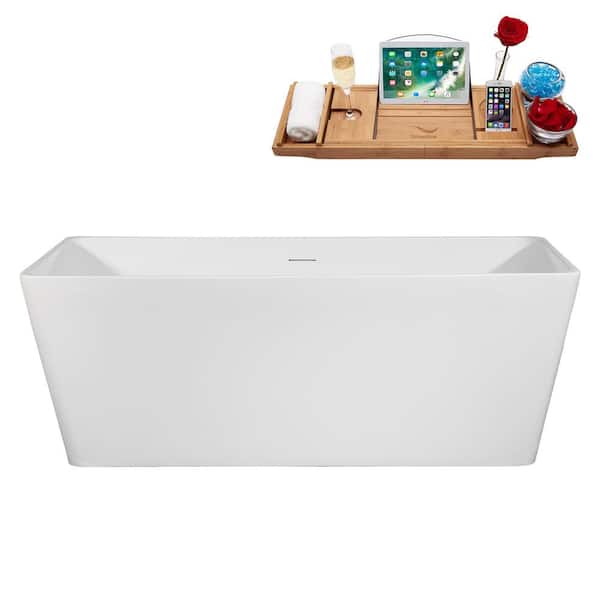 Streamline 59 in. x 28 in. Acrylic Freestanding Soaking Bathtub in Glossy White with Polished Gold Drain, Bamboo Tray
