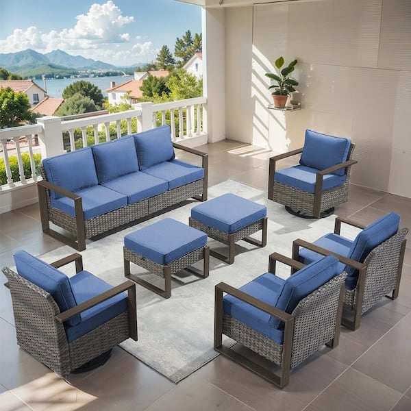 Gymojoy Allcot Gray Wicker 7-Piece Patio Sofa Set Outdoor Deep Seating Conversation Set with Blue Cushions