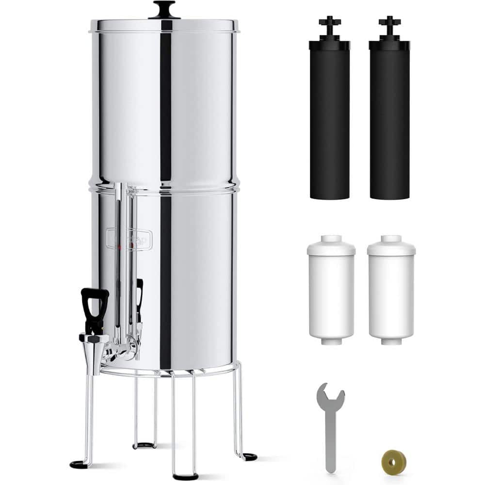 2.25G Gravity-fed Water Filter System,NSF/ANSI 42 and 372 Certified,Stainless Steel,4 Filters,Metal Spigot and Stand