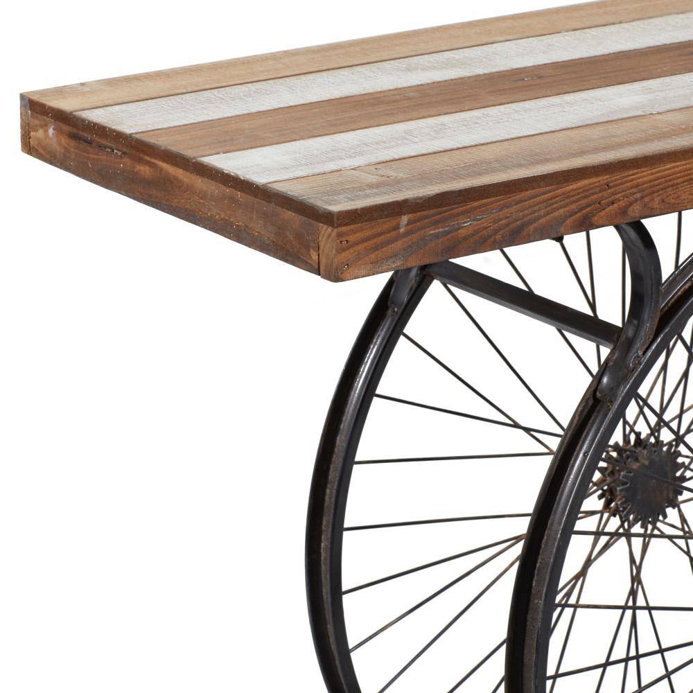 Industrial Brown Wood and Metal Wheel Console Table with Storage