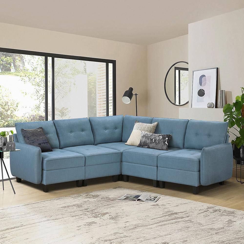 Swallowtail 86 in. Pillow Top Arm 5-Piece Fabric Sectional Sofa with Storage in Blue