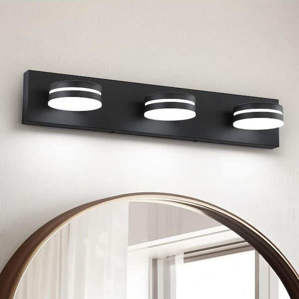 JUSHENG 23.6 in. 3 Light Black LED Vanity Light Bar with Dimmable 5500K Light and 270° Swivel Range Acrylic Lampshade