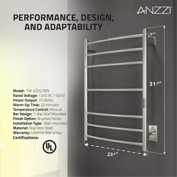 Gown Series 7-Bar Wall Mounted Electric Plug-In Bathroom Towel Warmer Rack in Brushed Nickel Finish Stainless Steel