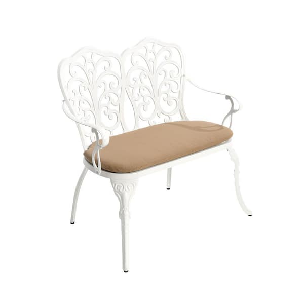 2-Person Outdoor Butterfly White Cast Aluminum Patio Garden Bench with Cushion