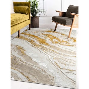 "Adi" 4' x 6' Gold/White Abstract Area Rug