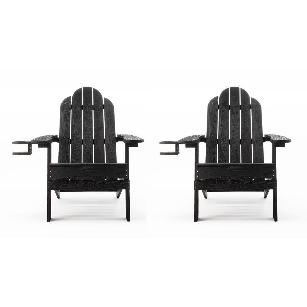 Black Foldable HDPS Adirondack Chairs with Cup Holder, Set of 2