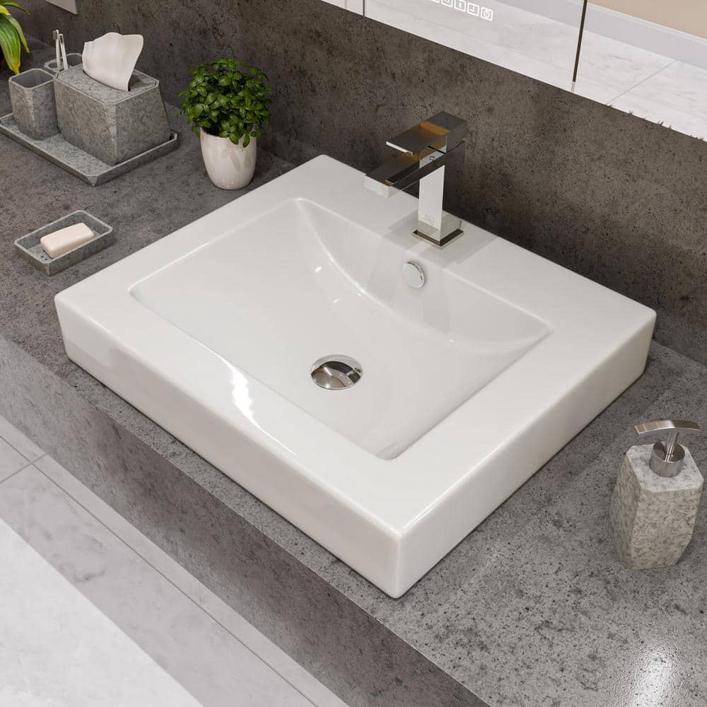24" White Glossy Ceramic Rectangular Bathroom Sink with Faucet Hole