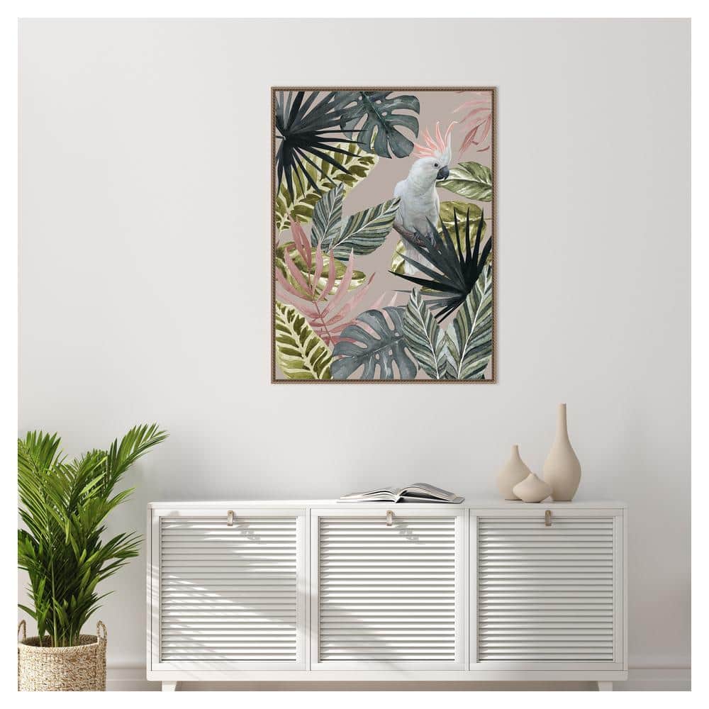 Tropical Cockatoo with Leaves Beaded Bronze Framed Canvas Wall Art 32 x 42