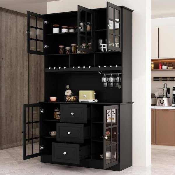 Black Wooden 47.2 in. Width Wine Food Pantry Cabinet, Sideboard with Adjustable Shelves, Glass Doors and 3-Drawers