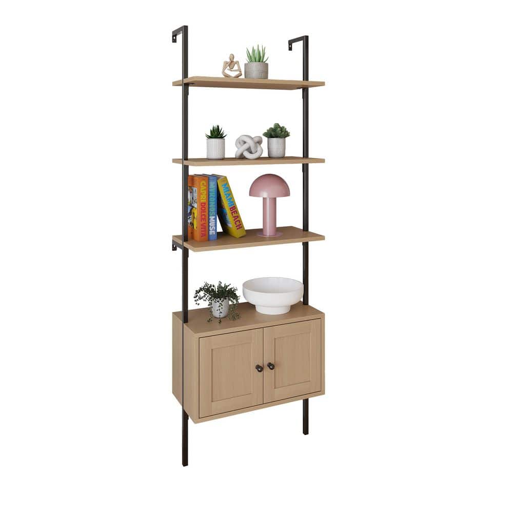 Light Oak and Black Wall-Mounted Ladder Bookcase with Cabinet