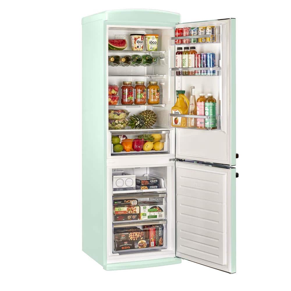 Summer Mint Green Retro Bottom Mount Fridge with Chrome Accents