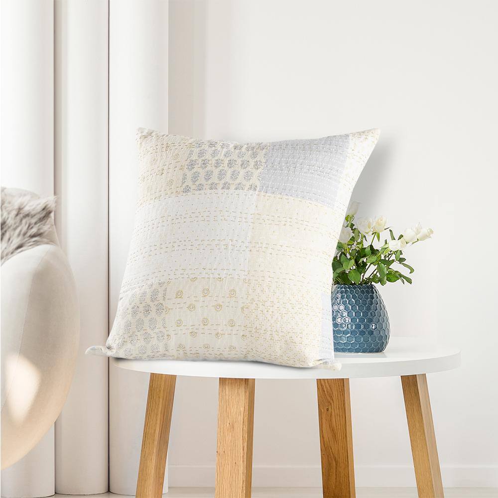 Gray and Cream Patchwork Cotton Silk Throw Pillow