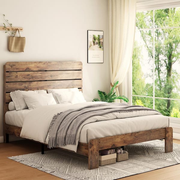 sumyeg Dark Brown Wood Frame Full Size Platform Bed with Large Under Bed Storage