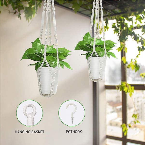 4-Legs White Cotton Rope Macrame Plant Hanger with Hook (2-Pack)