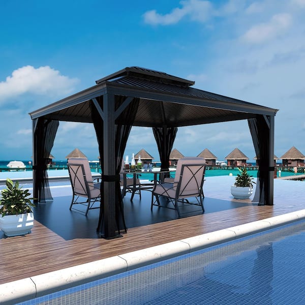 10 ft. x 12 ft. Aluminum Hardtop Gazebo with Galvanized Double Roof and Textilene Netting