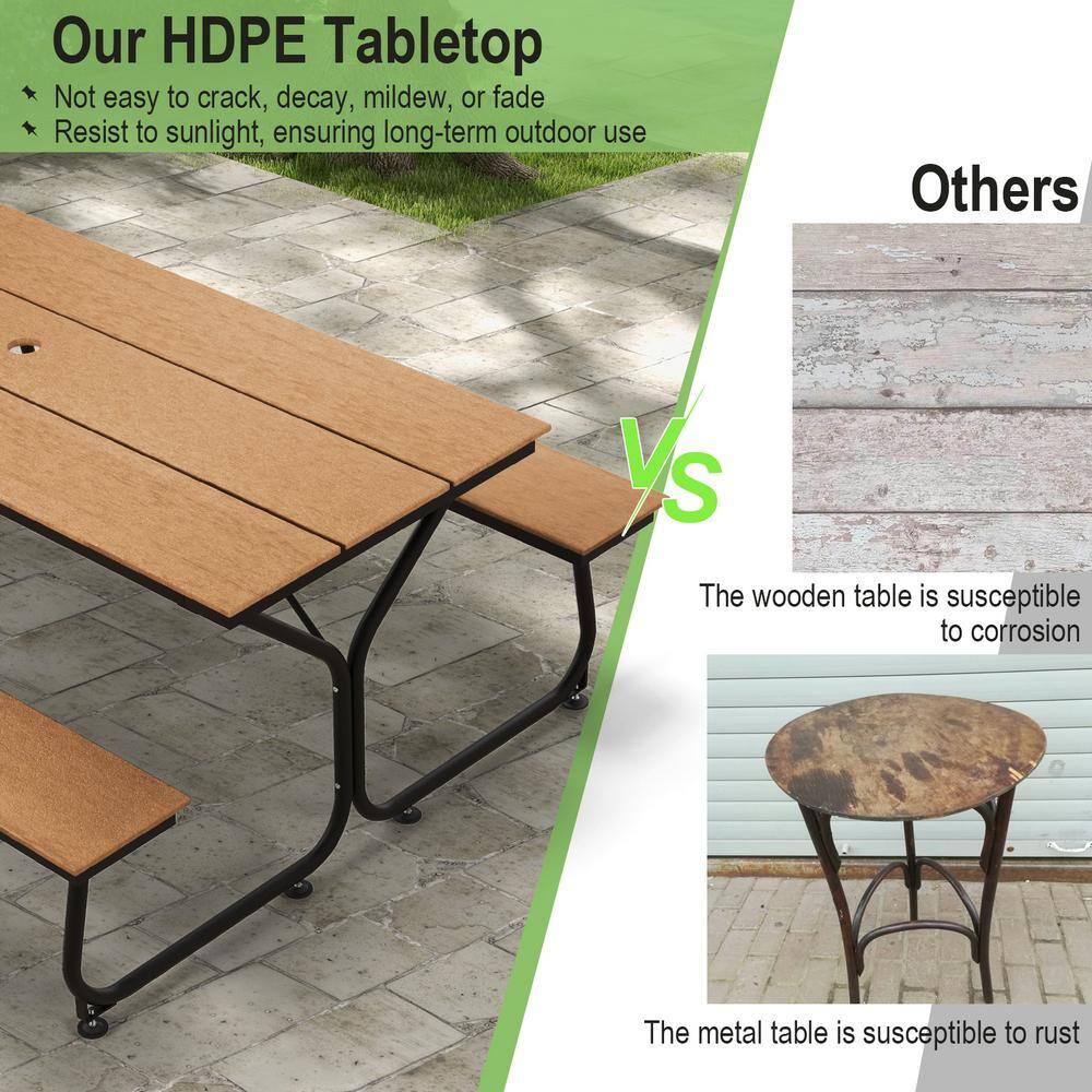 6FT Brown HDPE and Metal Outdoor Picnic Table Bench Set
