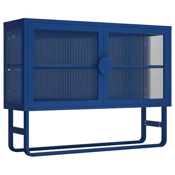 Miscool Anky 47.24 in. W x 13.58 in. D x 35.43 in. H Blue Freestanding Bathroom Linen Cabinet with Fluted Glass Doors