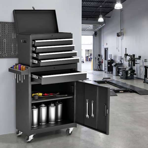 5-Drawer Black Rolling Tool Storage Cabinet Lockable Tool Chest with Detachable Top Tool Box and Adjustable Shelf