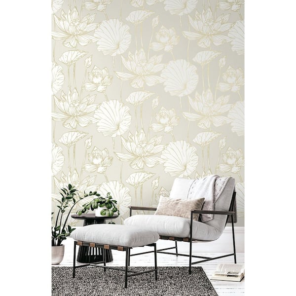 57.5 sq. ft. Neutral and Metallic Gold Viola Floral Unpasted Nonwoven Paper Wallpaper Roll