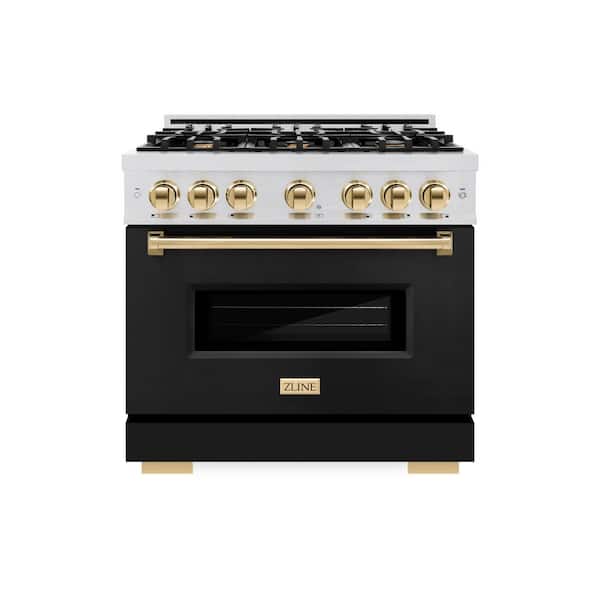 Autograph 36 in. Classic Gas Range with 6 Burners and Convection Gas Oven in Satin Steel with Black and Gold Accents