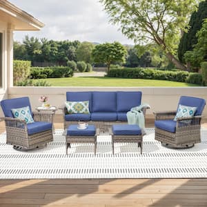 Nyajiah 6-Piece Wicker Outdoor Patio Conversation Set with Blue Cushions