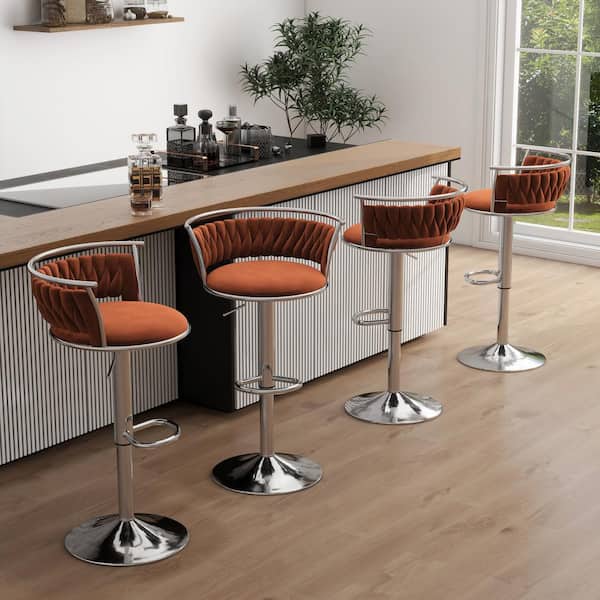 38.5 in. Modern Silver Metal Frame Low Back Swivel Adjustable Height Bar Stool with Orange Velvet Seat (set of 4)
