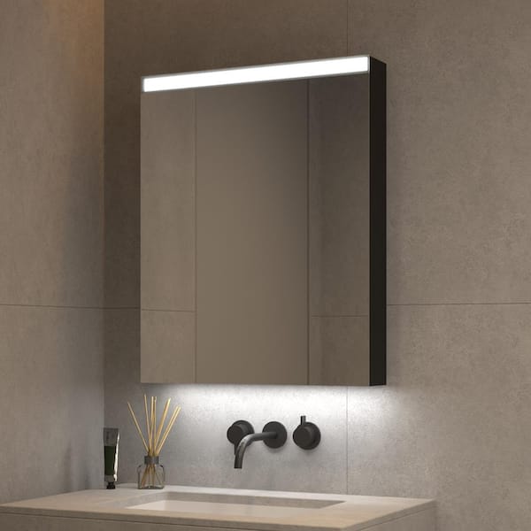 tunuo 24 in. W Wx 30 in. H Rectangular Aluminum Medicine Cabinet with Mirror in Black, LED Light (Right)