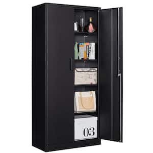 Garage Storage Cabinet 15.74"D x 31.5"W x 71"H in Black cabinet with 4 shelves and 2 doors.