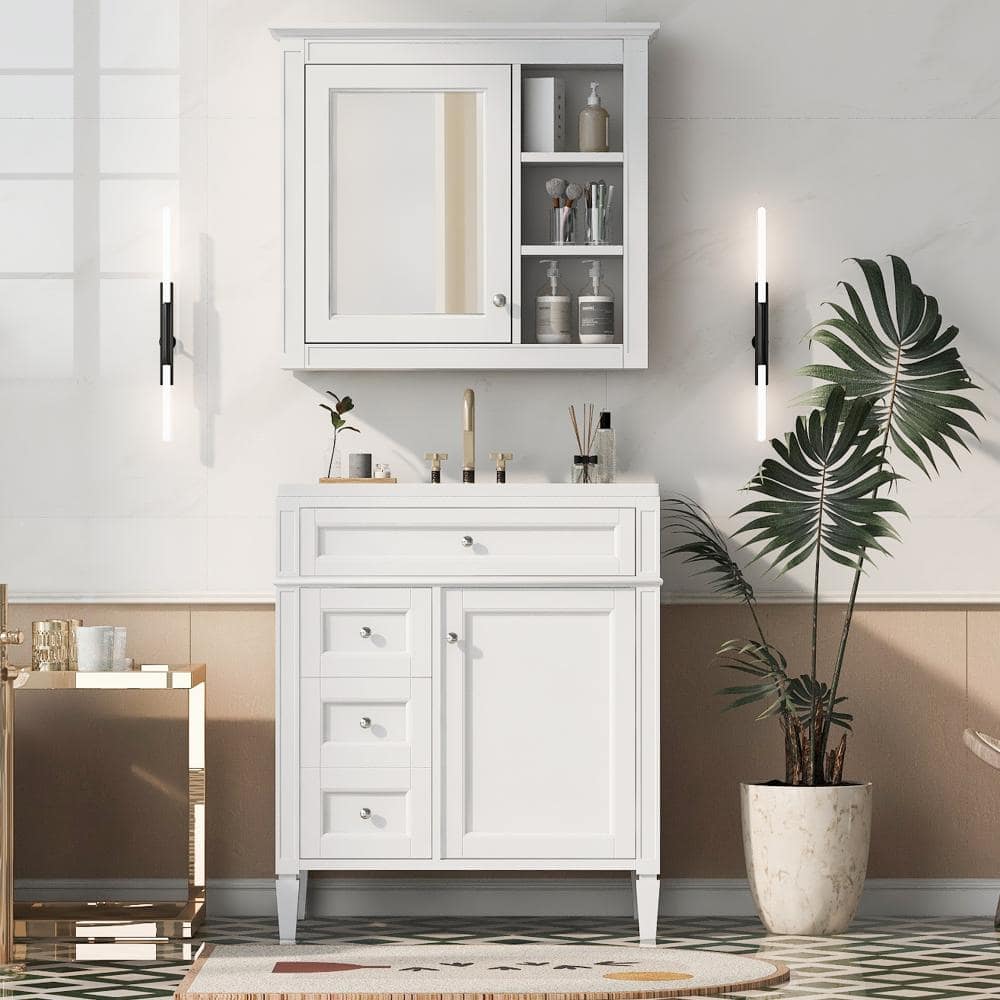 "30"" Freestanding Bathroom Vanity with Top Sink, 2 Drawers, Tip-out Drawer, Mirror Cabinet, Single Sink" price history on PriceWatchPro