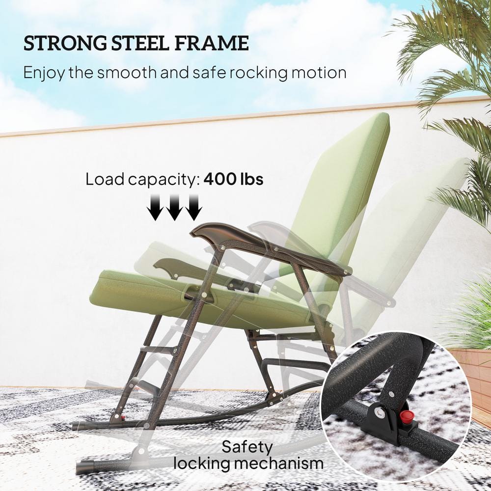 Dark Green and Gray Steel Outdoor Rocking Chairs with Cushions