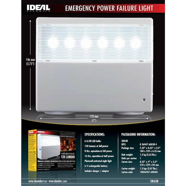 SK638 Home Emergency Power Failure White 120 Lumens LED Up Ideal Security Inc 