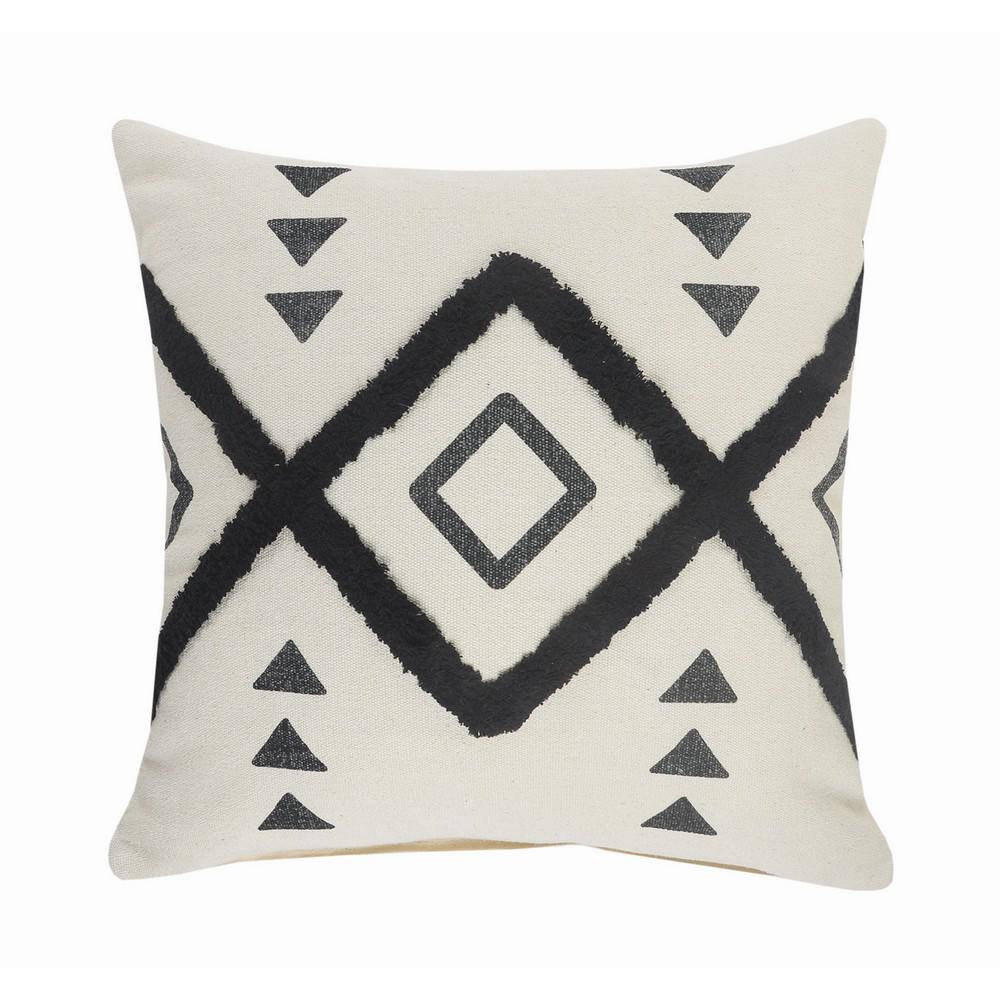 20" Black and Off-White Cotton Geometric Tufted Throw Pillow