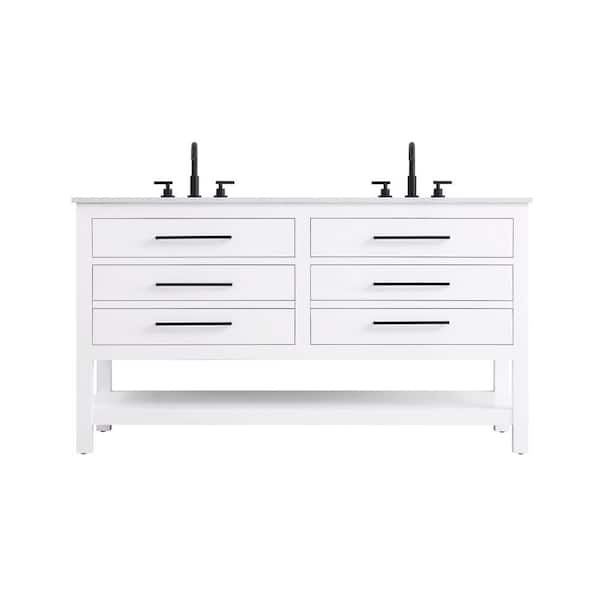 60 in. Double Sink White Bath Vanity with White Engineered Marble Top