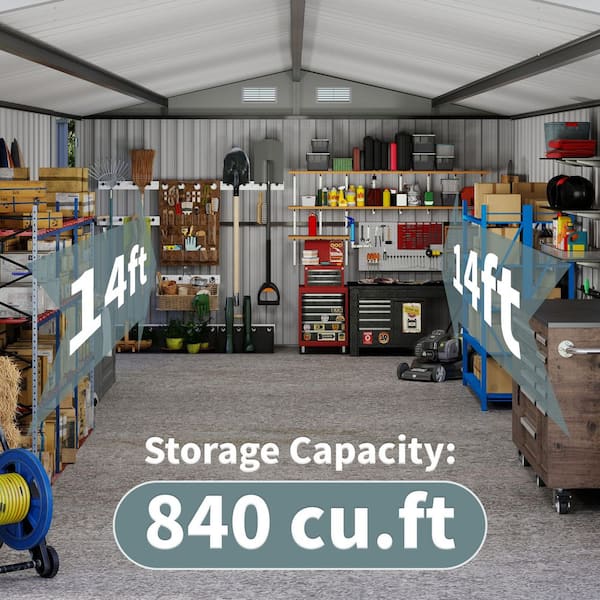 10 ft. x 14 ft. Gray Outdoor Metal Storage Shed with Sloped Roof, Lockable Doors and Air Vents (140 sq. ft.)