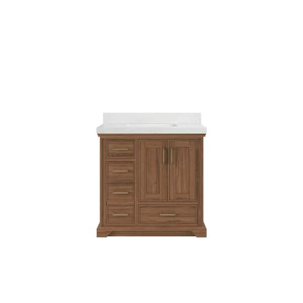 Willow Collections Charlotte Teak 36 in. W x 22 in. D x 36 in. H Center Sink Bath Vanity in Dark Natural with 2 in. Carrara Quartz Top