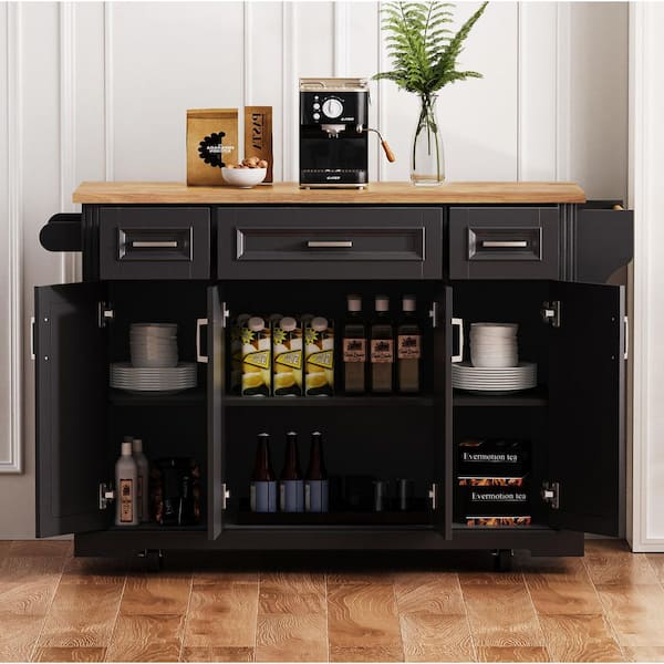 Black Drop Leaf Rubber Wood Large 54 in. W Embossed Texture Kitchen Island on 4-Wheels with 4-Doors and 3-Drawers