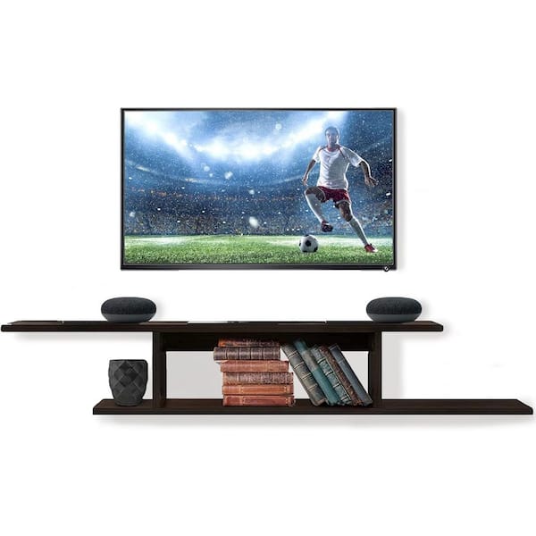 2-Tier 8.75 in. x 49.6 in. x 8.5 in. Black Rubber Wood Asymmetrical Floating Shelf with Brackets