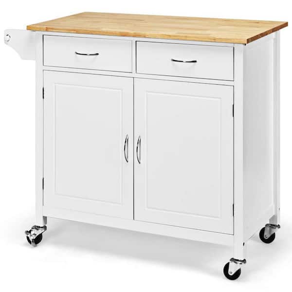 Bunpeony White Wooden Rolling Kitchen Cart with Wood Counter Top
