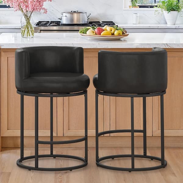 26 in. Black Modern Faux Leather Low Back Swivel Barstools Metal Frame Counter Height Bar Stools (Set of 2)
