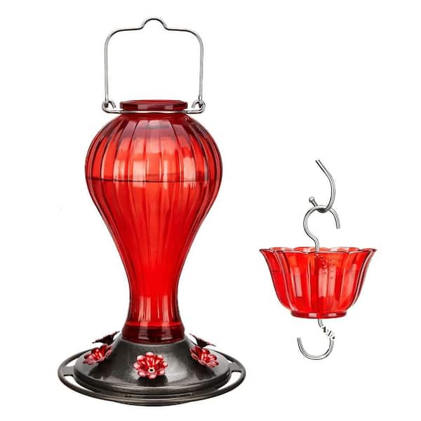 Red Glass Bird Feeder Hummingbird Feeder 24 oz. 6 Feeding Ports, Hanging Bird Nectar Feeder Ant Moat Included