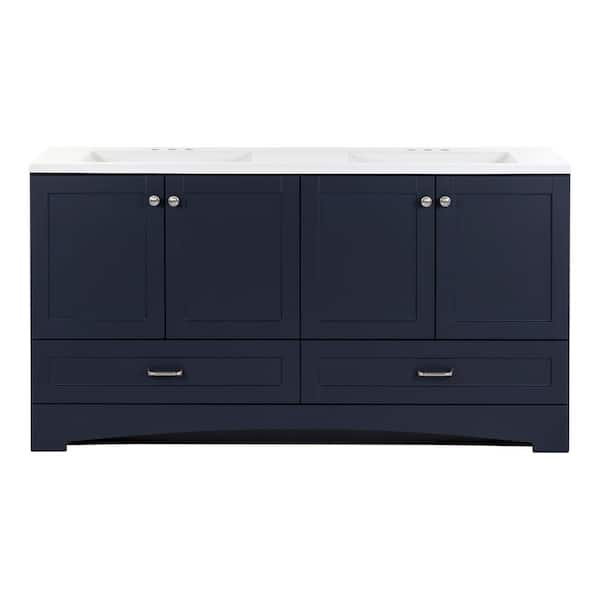 Lancaster 61 in. Double Sink Deep Blue Bath Vanity with White Cultured Marble Top (Assembled)