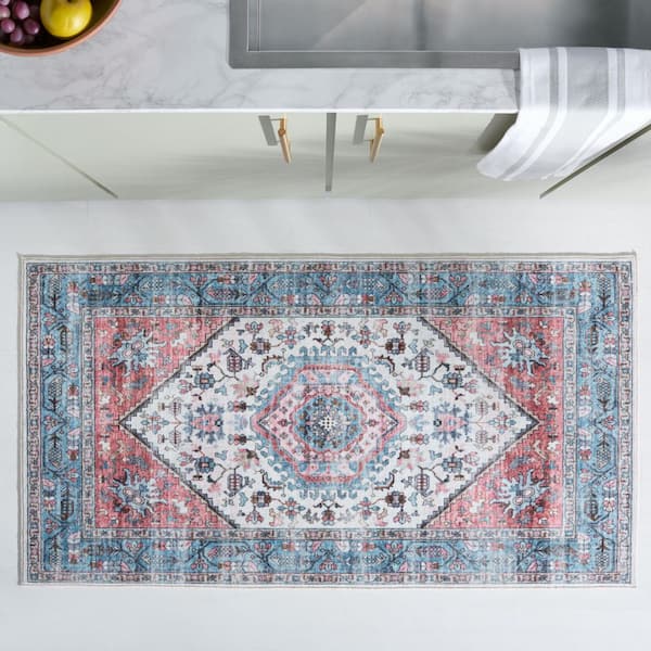 Washable Printed Rug Turquoise/Red  2 ft. x 4 ft. Machine Washable Distressed Border Area Rug