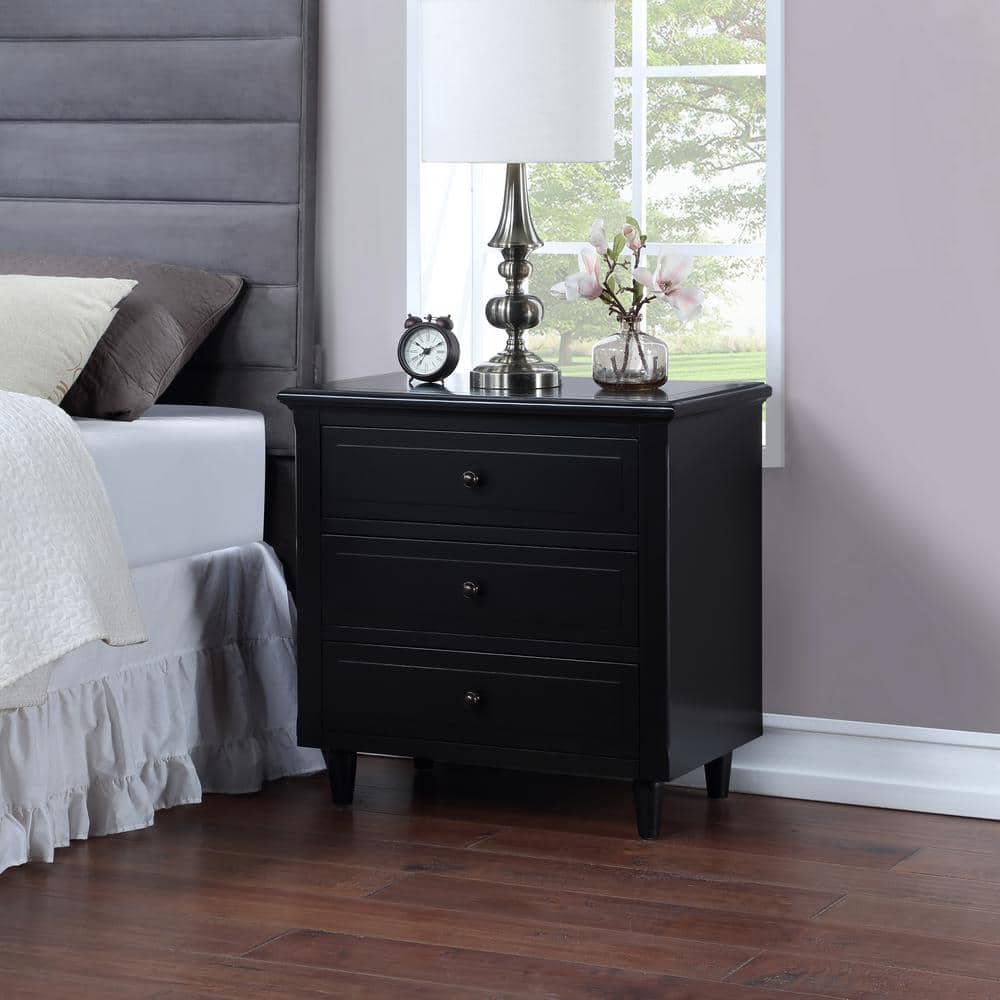 Modern Black 3-Drawer Solid Wood Nightstand with Nickel Knobs