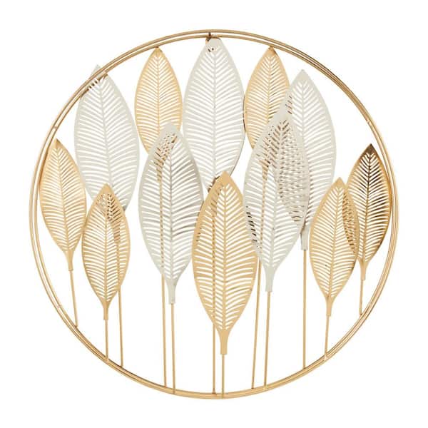 Litton Lane Metal Gold Metallic Leaf Wall Decor with Circular Frame and Silver Accents
